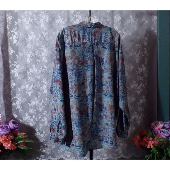 Vintage 90s Silk Button Front Shirt Size Large 1990s Mens Retro Blue Boho Chic - Picture 2 of 5